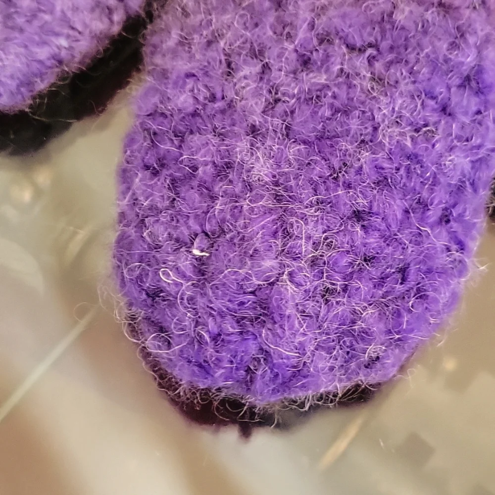 Ladies fuzzy Acrylic crocheted varigated purple mittens with cream fleece lining